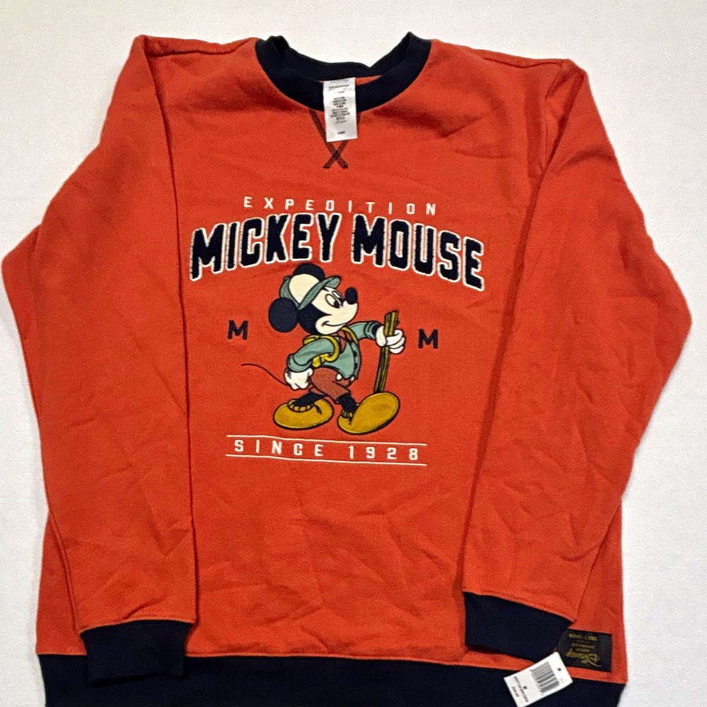 Disney Mickey Mouse Men's M Crewneck Pullover Fleece Sweatshirt Orange Black